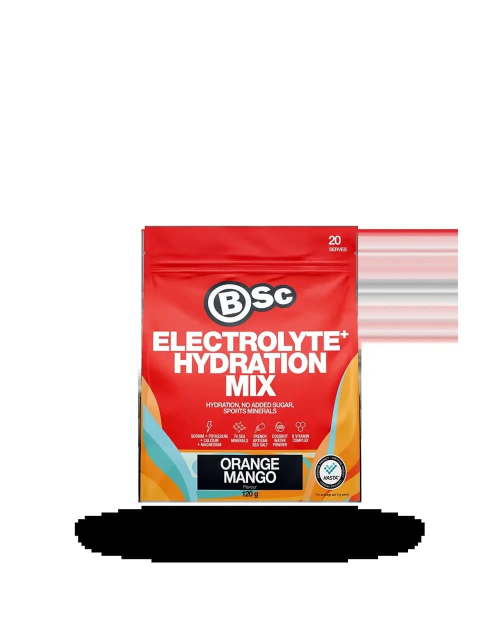 Before: a plain e-commerce pack shot of an electrolyte pouch on white