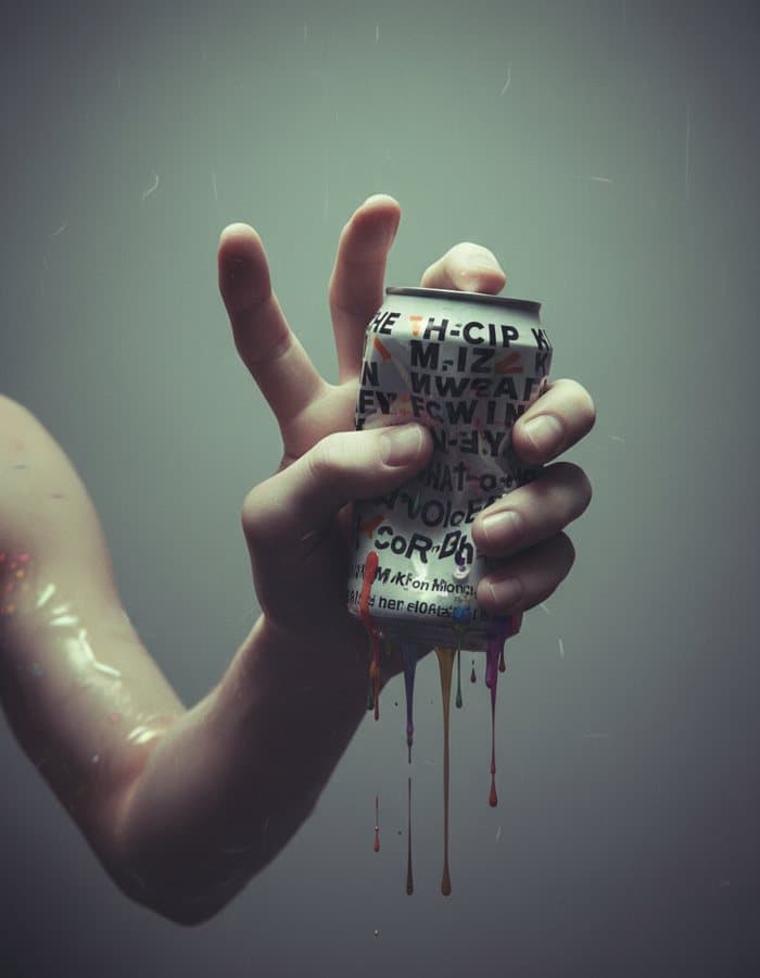 AI fail: hand with too many fingers holding a melted can with gibberish text
