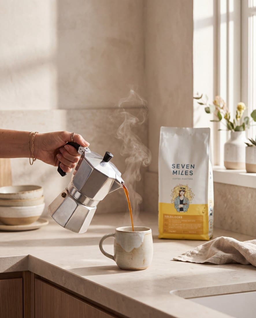 Slow coffee pour over ice, B-roll detail with bag in soft focus behind