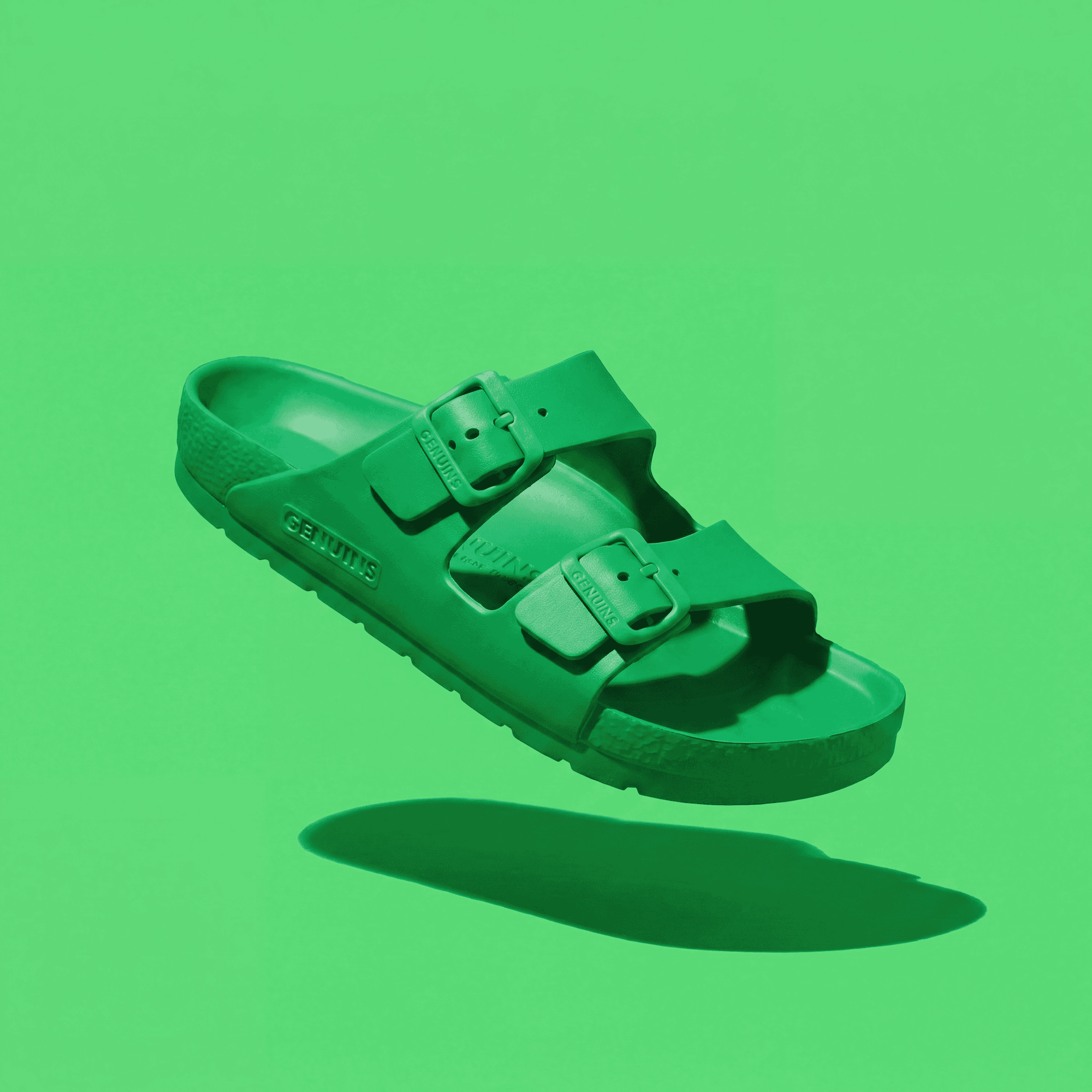 green sandal floating in a hero position